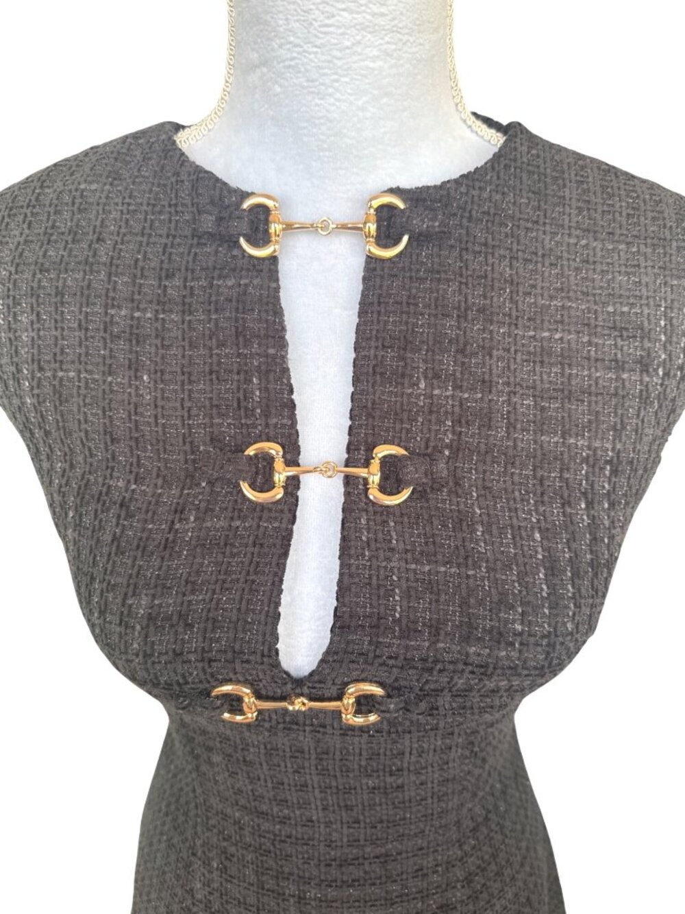 Commense Textured Sleeveless Black Mini Dress Gold Detail XS Chic - Picture 2 of 7